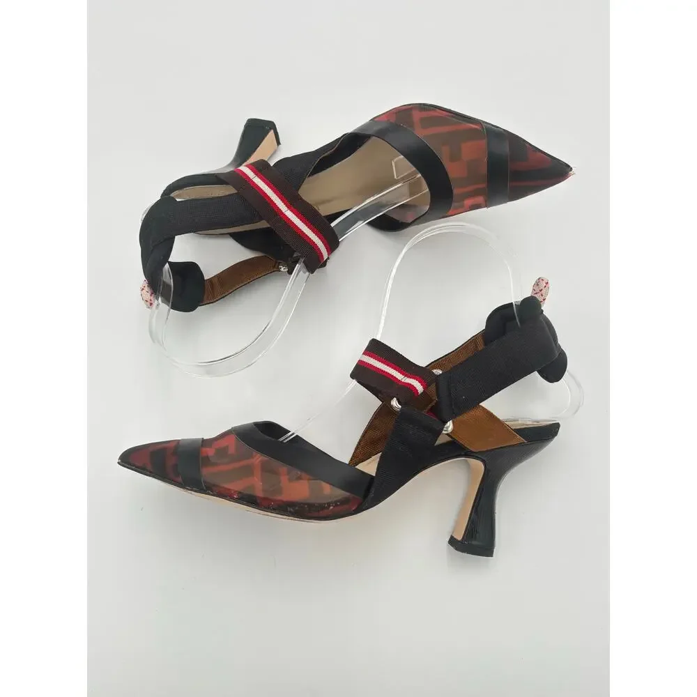 Fendi Colibri FF Monogram Mesh Slingback Kitten Heels Zucca Brown Pumps Size 39